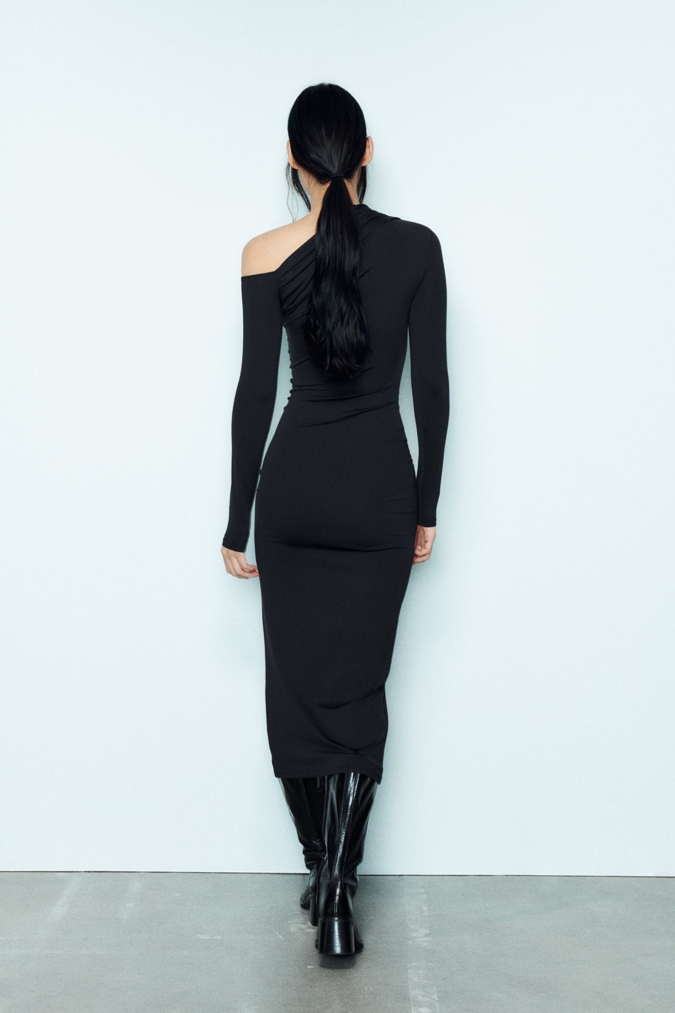 EVA LONG ASYMMETRIC POLYAMIDE MAXI DRESS -Black