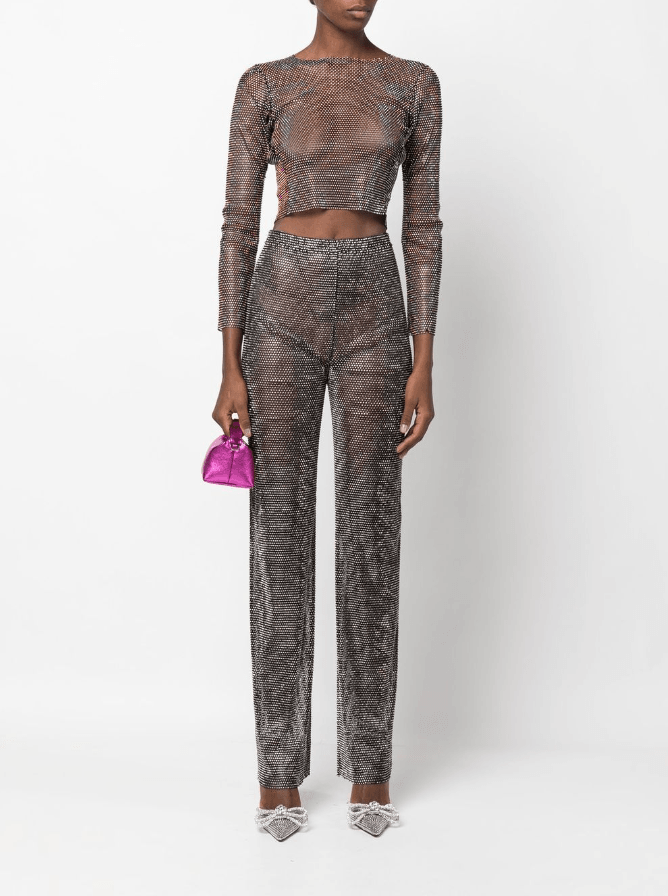 EVI RHINESTONE EMBELLISHED STRAIGHT LEG PANTS - Black
