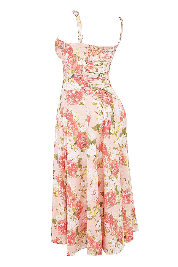 CARMEN PINK PEONY PRINT COTTON BUSTIER SUNDRESS MIDI DRESS - Pink