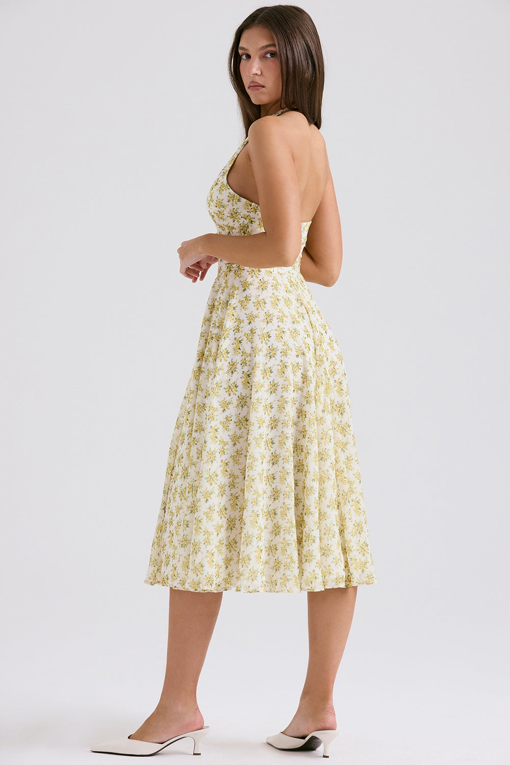 SOLADA IVORY VINTAGE FLORAL PRINT GEORGETTE HALTER SUNDRESS MIDI DRESS - White