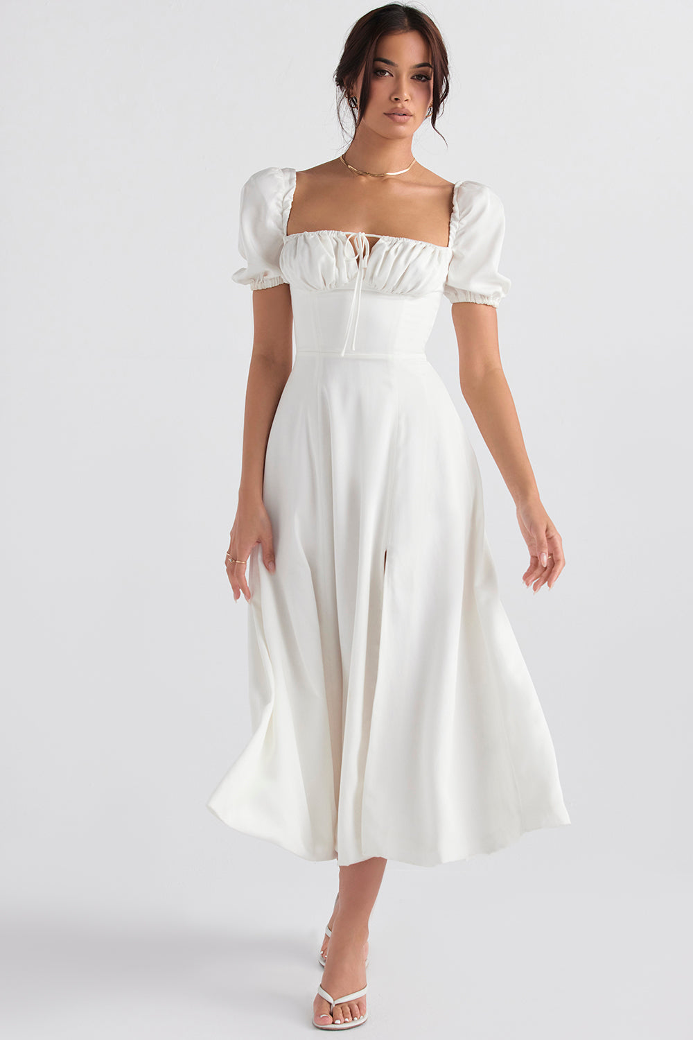 TALLULAH WHITE PUFF SLEEVE MIDI DRESS - White