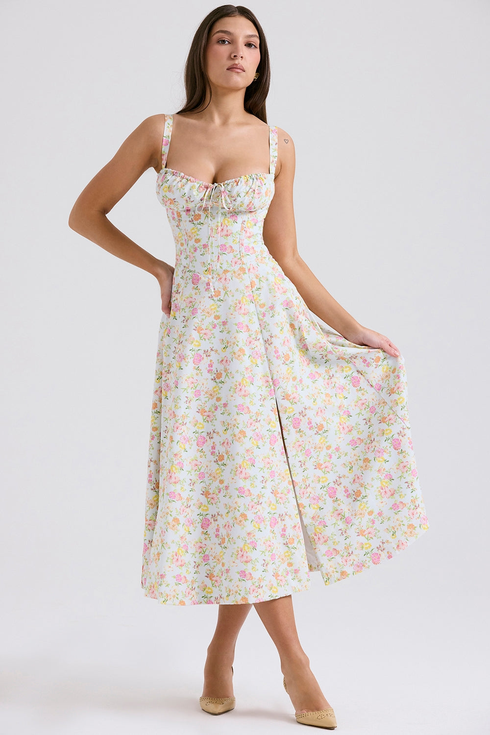 CARMEN PALE BLUE MEADOW PRINT COTTON BUSTIER SUNDRESS MIDI DRESS - White