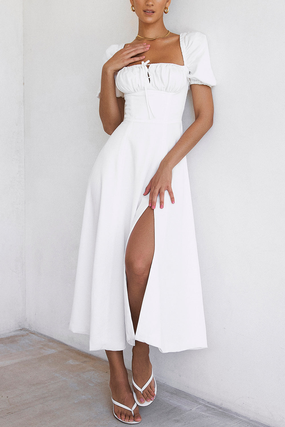 TALLULAH WHITE PUFF SLEEVE MIDI DRESS - White