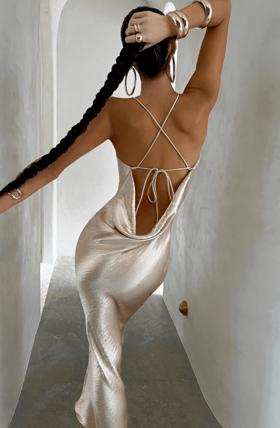 GIO Satin Backless Cut Out Maxi Dress - Gold GIO Satin Backless Cut Out Maxi Dress - Gold