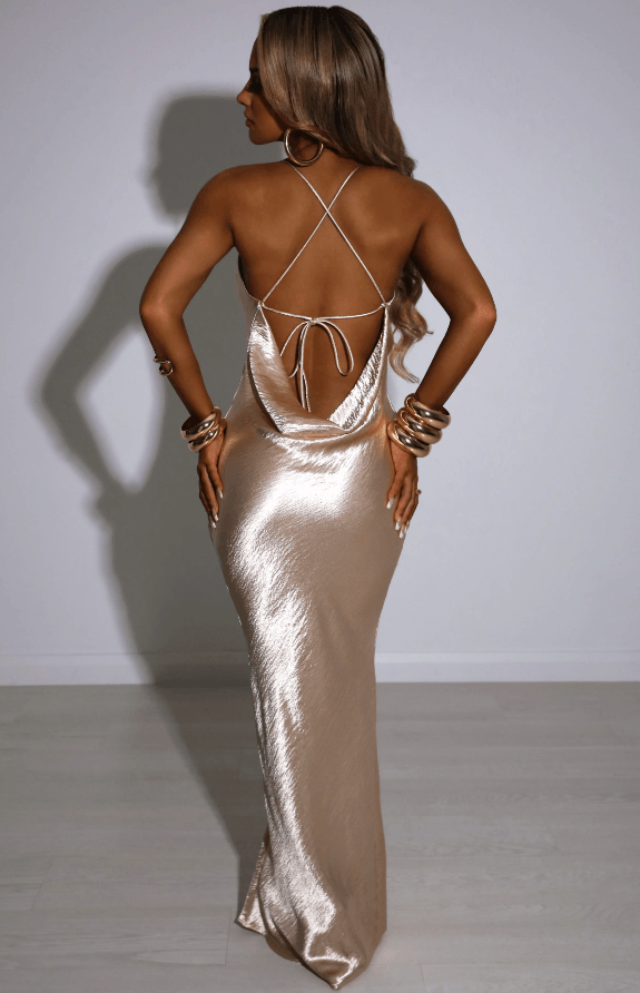 GIO Satin Backless Cut Out Maxi Dress - Gold