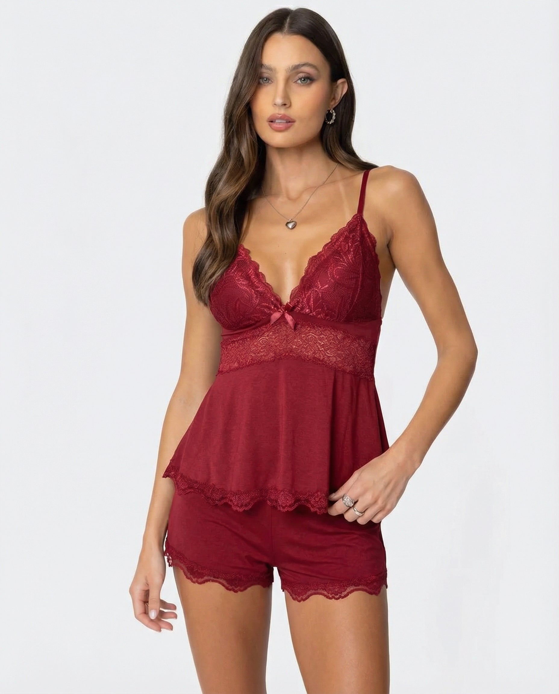 VIVIENNE Pink Lace Camisole & Shorts Set – Soft Feminine Sleepwear Loungewear Set