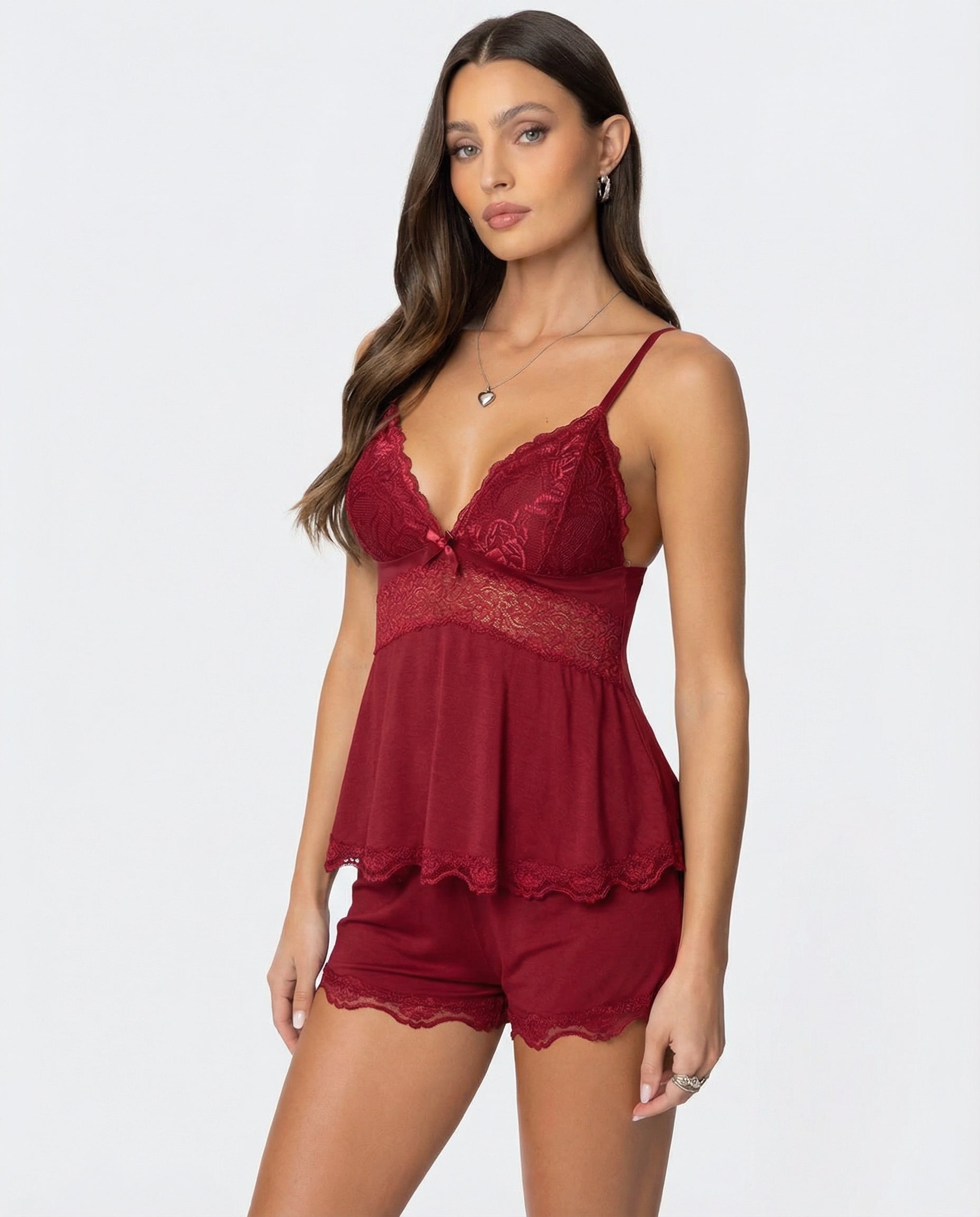 VIVIENNE Pink Lace Camisole & Shorts Set – Soft Feminine Sleepwear Loungewear Set