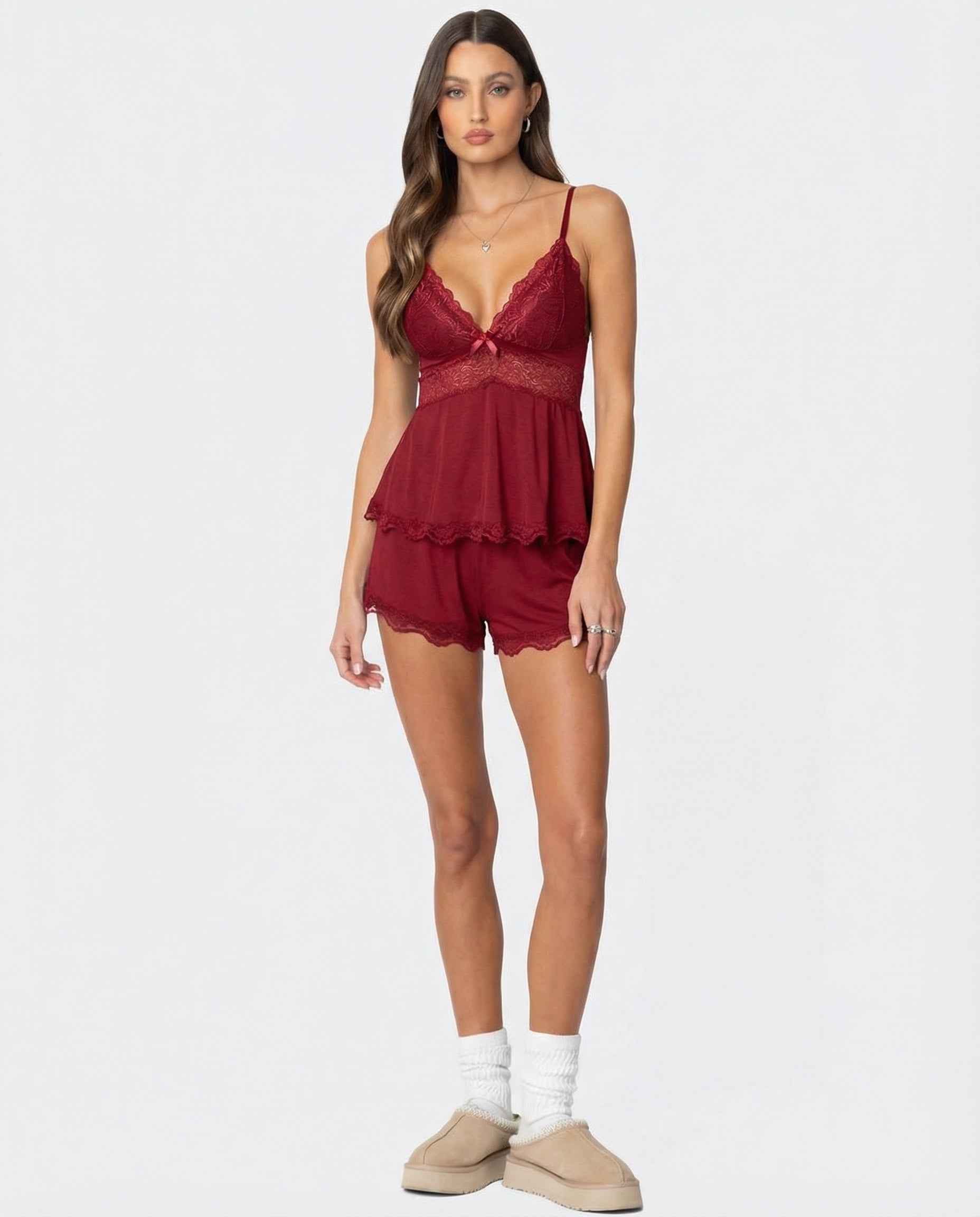 VIVIENNE Pink Lace Camisole & Shorts Set – Soft Feminine Sleepwear Loungewear Set