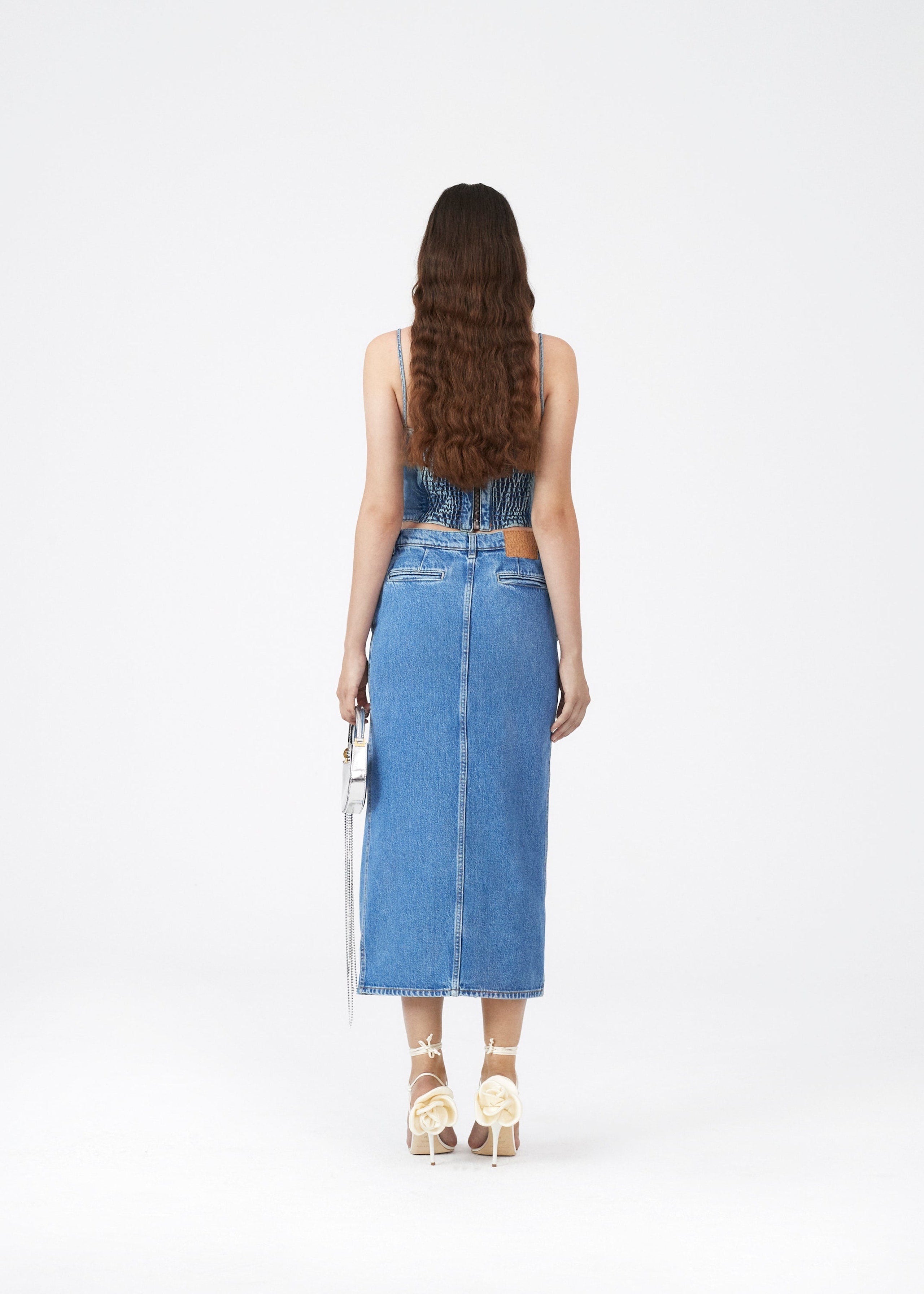 ROSALINE Denim demi bustier top in blue - Dark Blue
