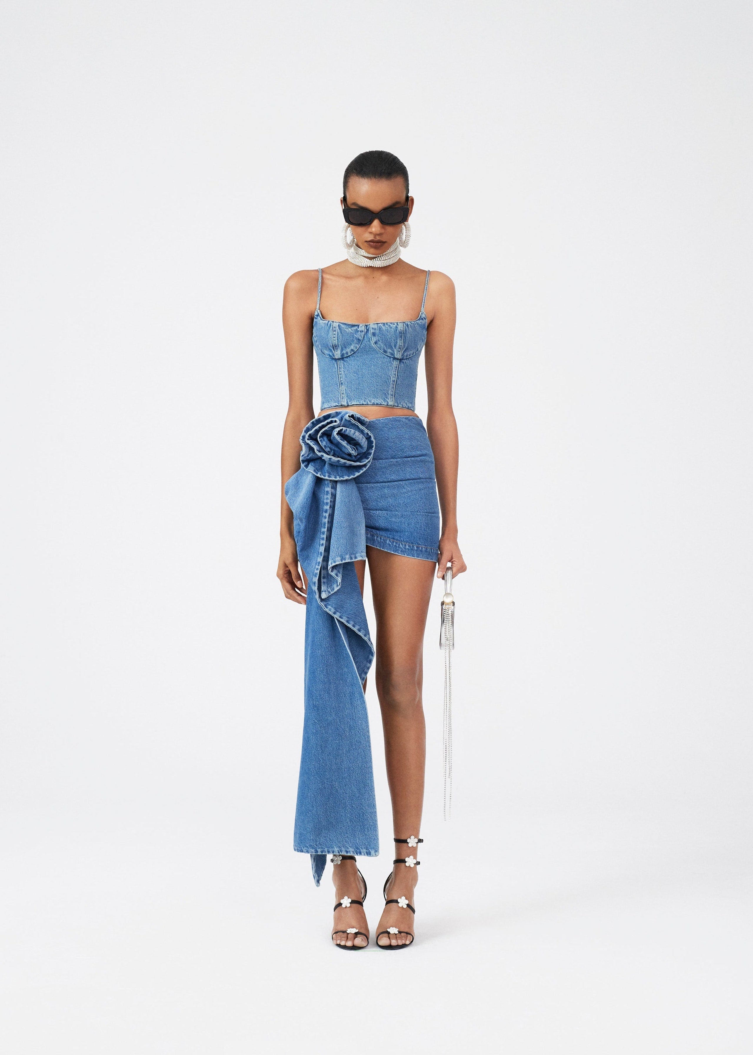 ROSALINE ROSE SASH DENIM MINI SKIRT - Dark Blue