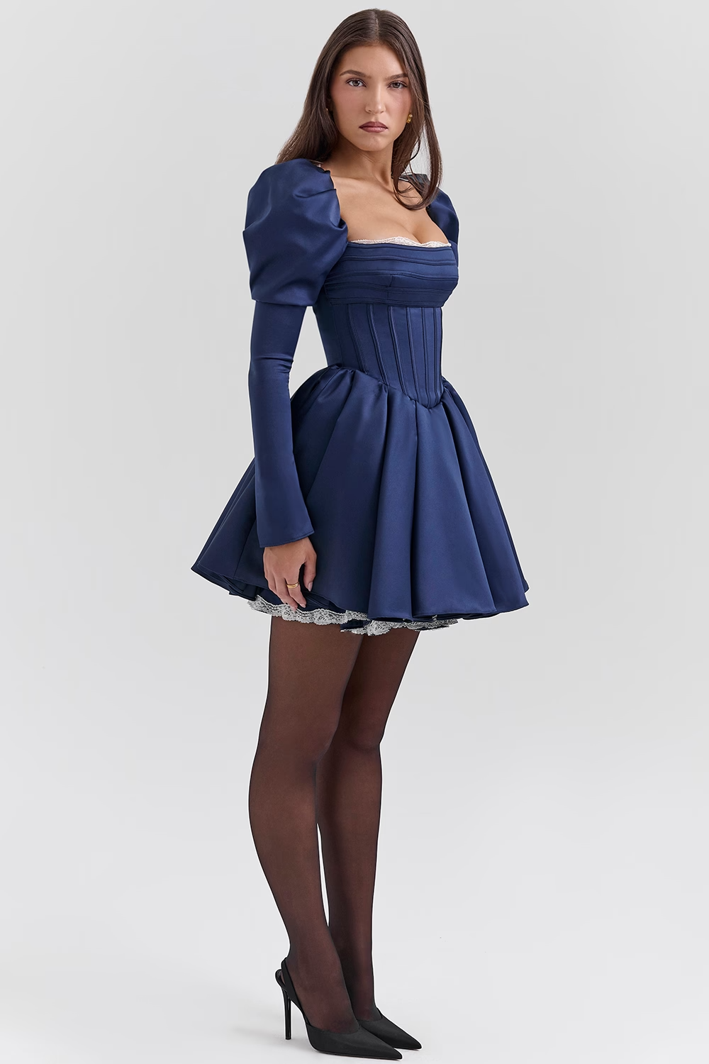 Venetia Midnight Satin Puff Sleeve Mini Dress