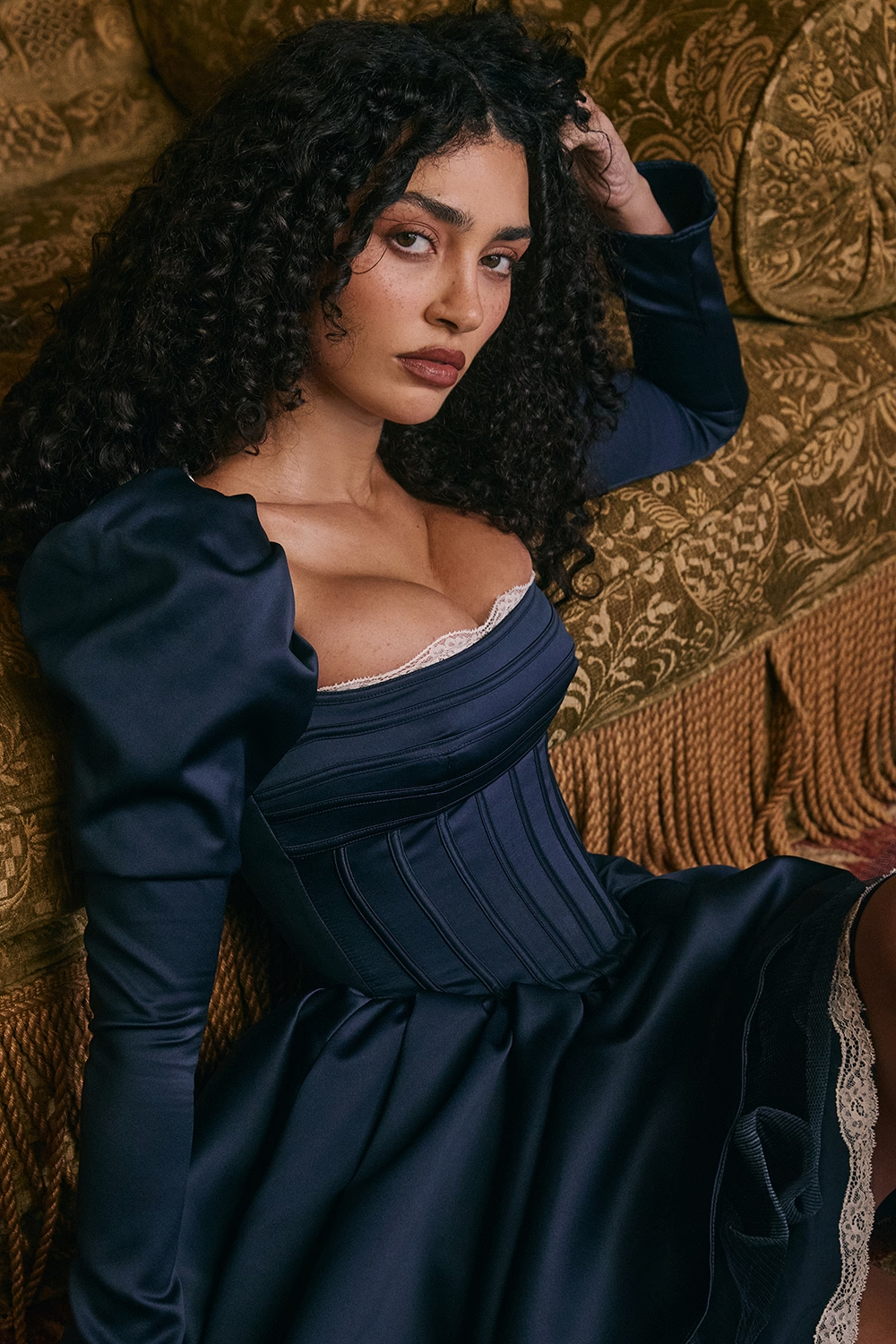 Venetia Midnight Satin Puff Sleeve Mini Dress