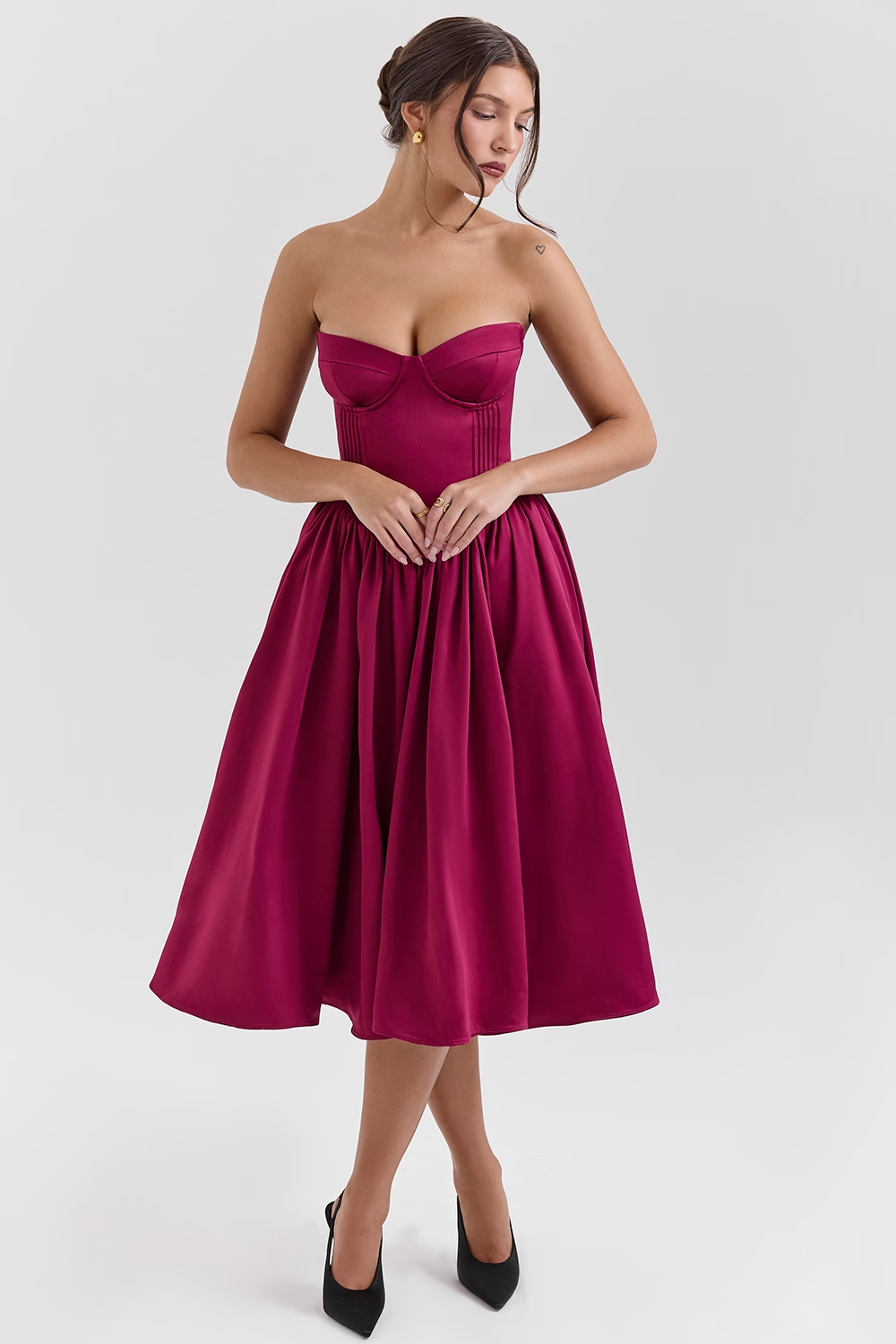 Coco Burgundy Satin Tulle Midi Dress - Red Coco Burgundy Satin Tulle Midi Dress - Red