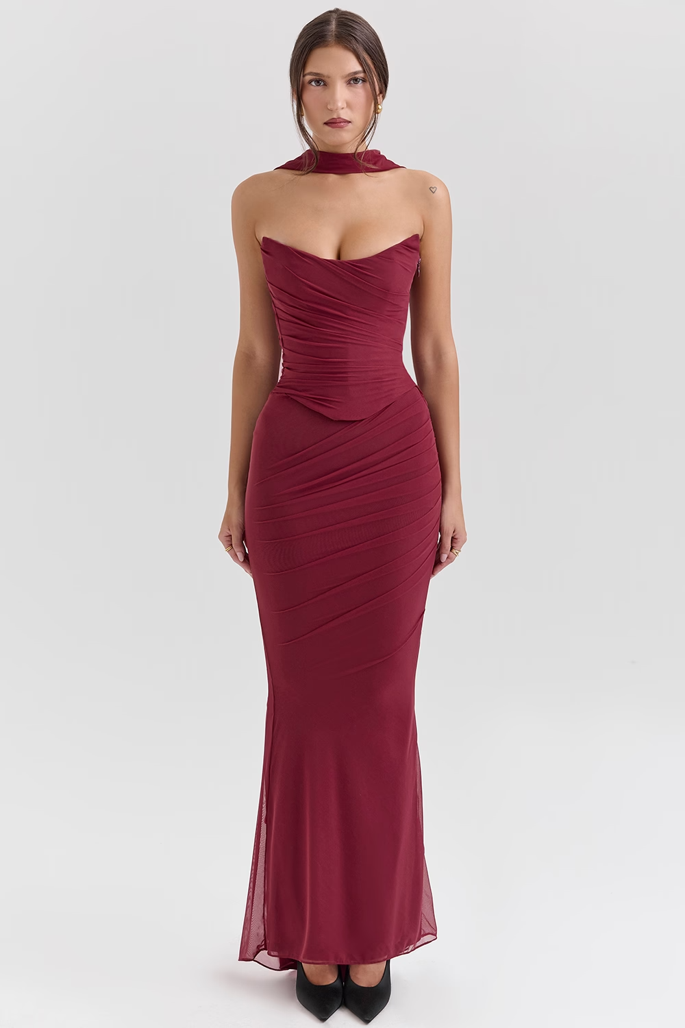 Hallie Cabernet Strapless Corset Maxi Dress with Neck Scarf
