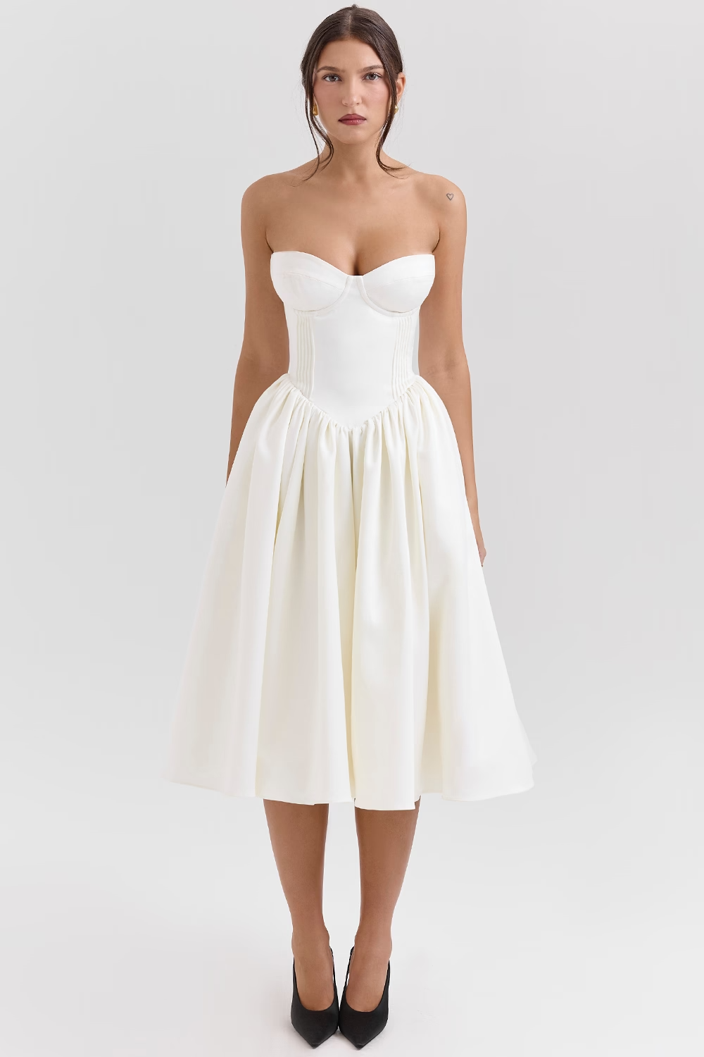 Coco Vintage Ivory Satin Midi Dress - Ivory White