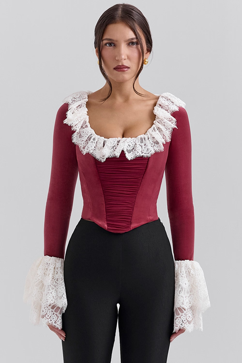 Jacinda Cabernet Velvet Lace Trimmed Corset Top - Dark Red