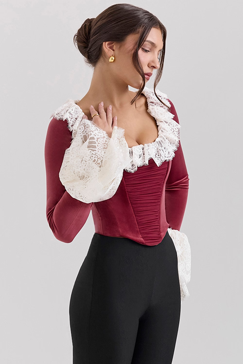 Jacinda Cabernet Velvet Lace Trimmed Corset Top - Dark Red