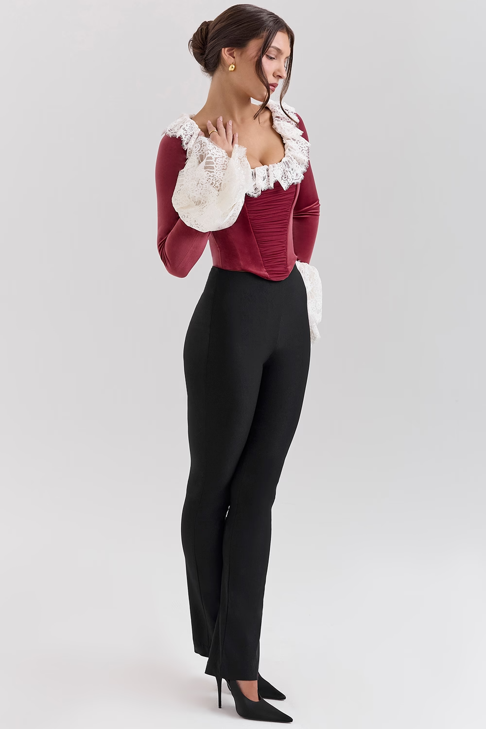Jacinda Cabernet Velvet Lace Trimmed Corset Top - Dark Red