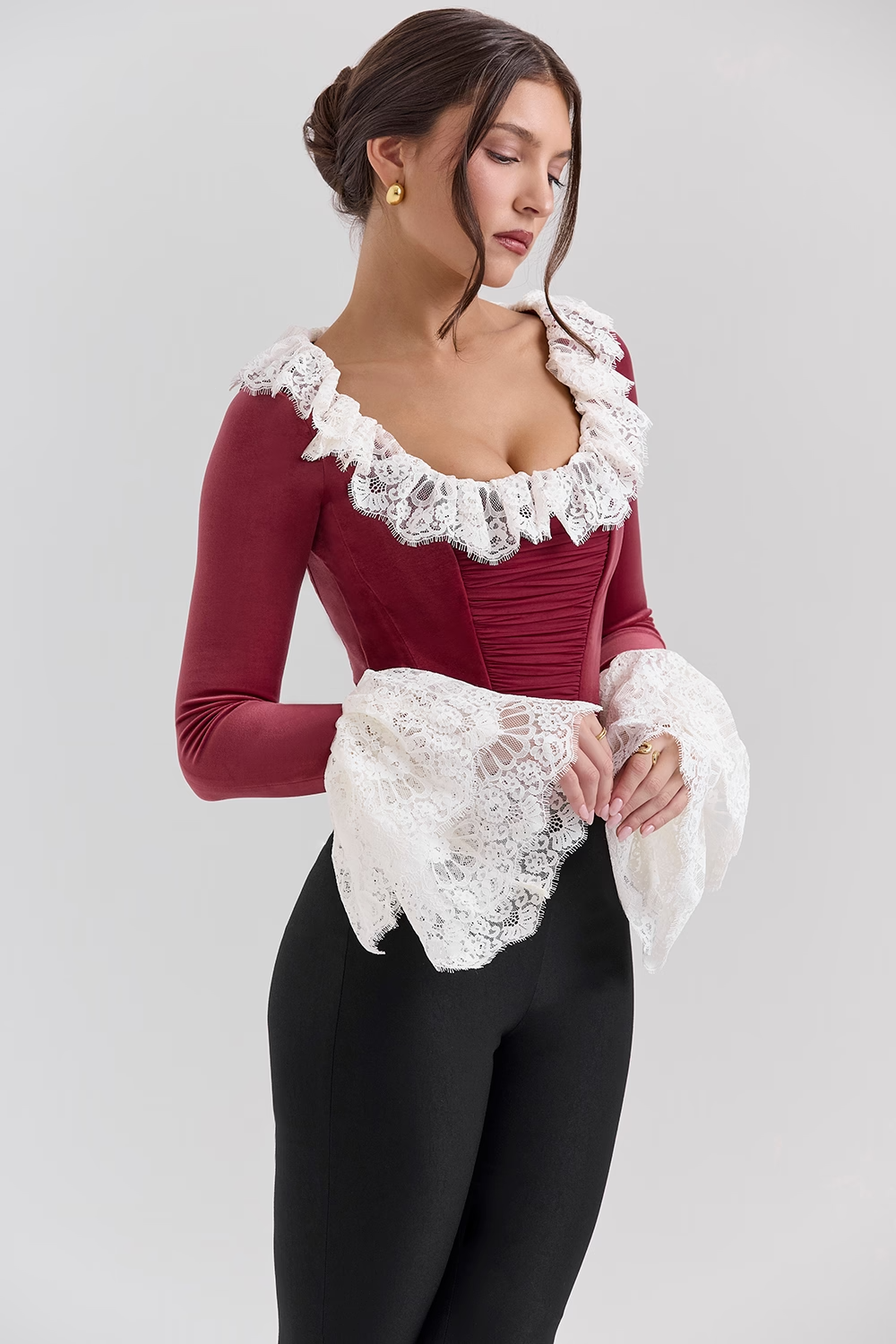 Jacinda Cabernet Velvet Lace Trimmed Corset Top - Dark Red