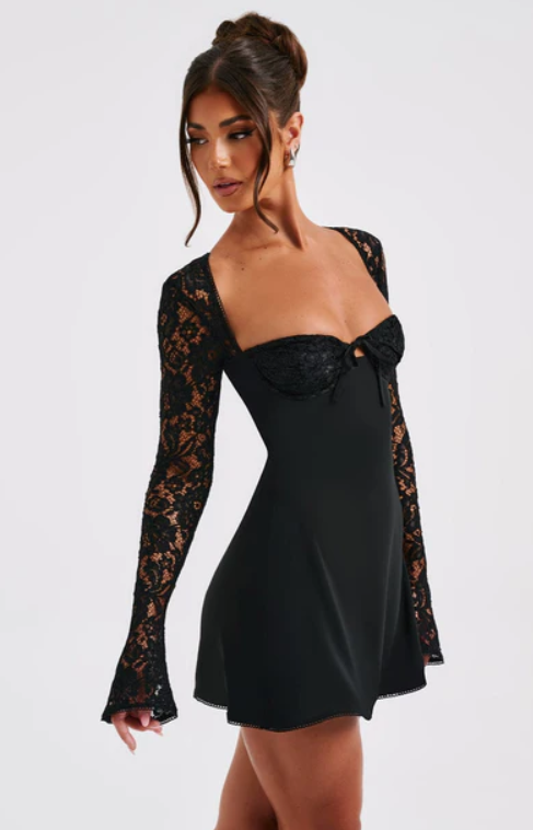 MADISON LONG LACE SLEEVES BACK STRAPS MINI DRESS - BLACK
