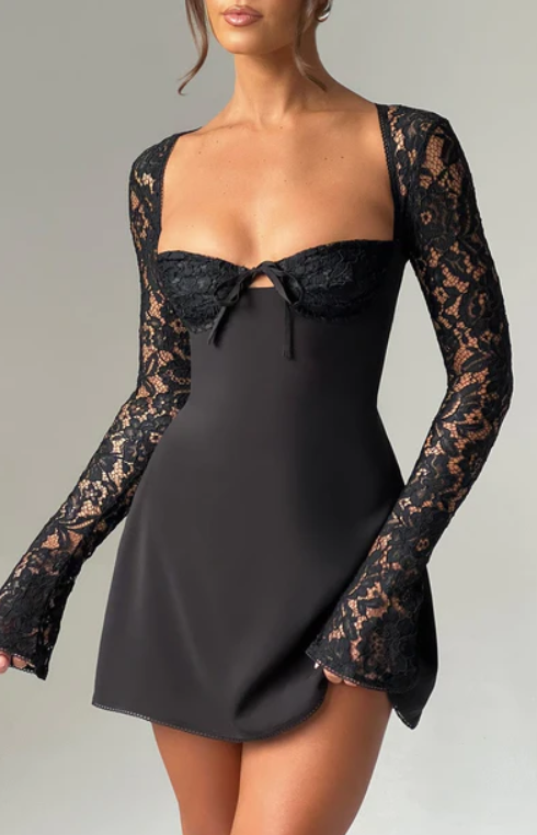 MADISON LONG LACE SLEEVES BACK STRAPS MINI DRESS - BLACK