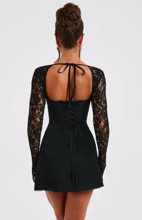 MADISON LONG LACE SLEEVES BACK STRAPS MINI DRESS - BLACK