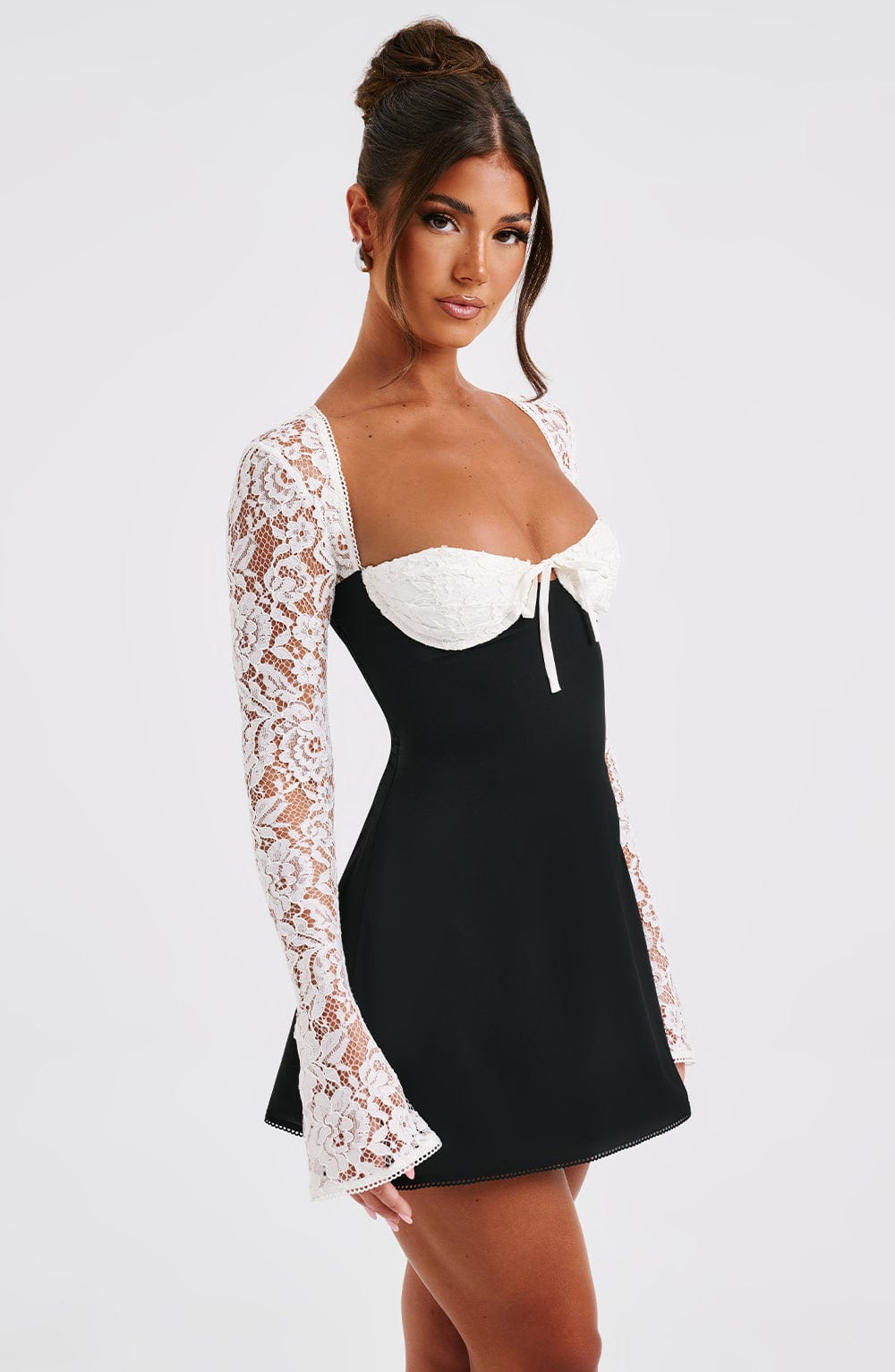 MADISON LONG LACE SLEEVES BACK STRAPS MINI DRESS - BLACK & WHITE