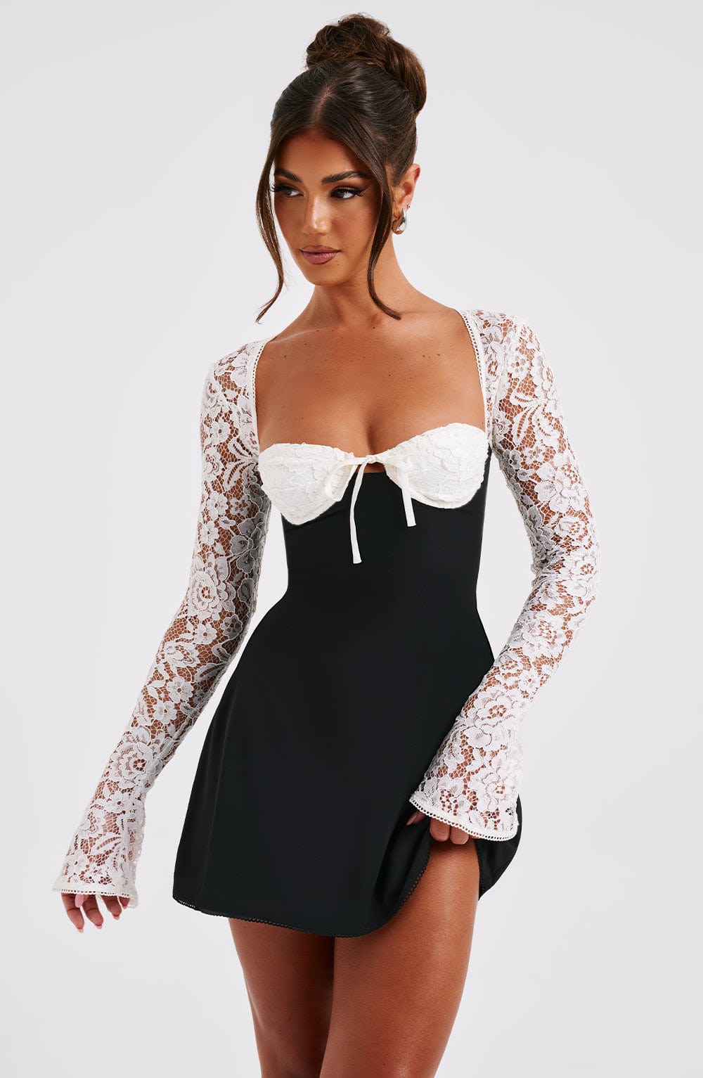 MADISON LONG LACE SLEEVES BACK STRAPS MINI DRESS - BLACK & WHITE