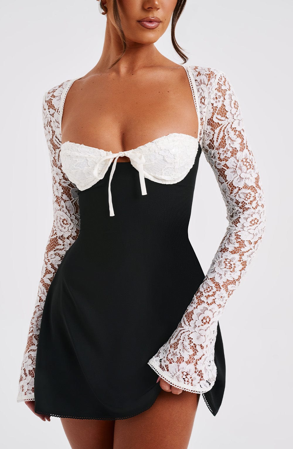 MADISON LONG LACE SLEEVES BACK STRAPS MINI DRESS - BLACK & WHITE