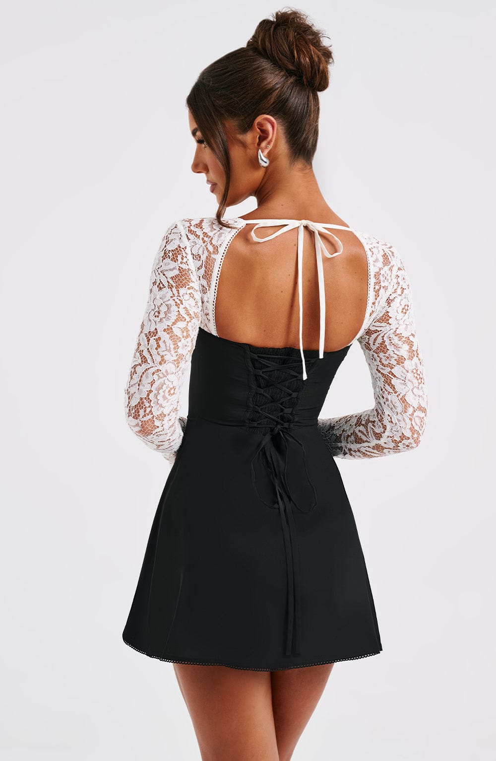 MADISON LONG LACE SLEEVES BACK STRAPS MINI DRESS - BLACK & WHITE