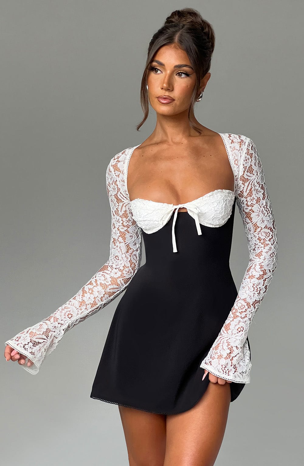 MADISON LONG LACE SLEEVES BACK STRAPS MINI DRESS - BLACK & WHITE