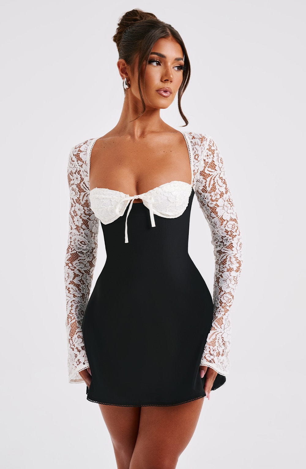 MADISON LONG LACE SLEEVES BACK STRAPS MINI DRESS - BLACK & WHITE