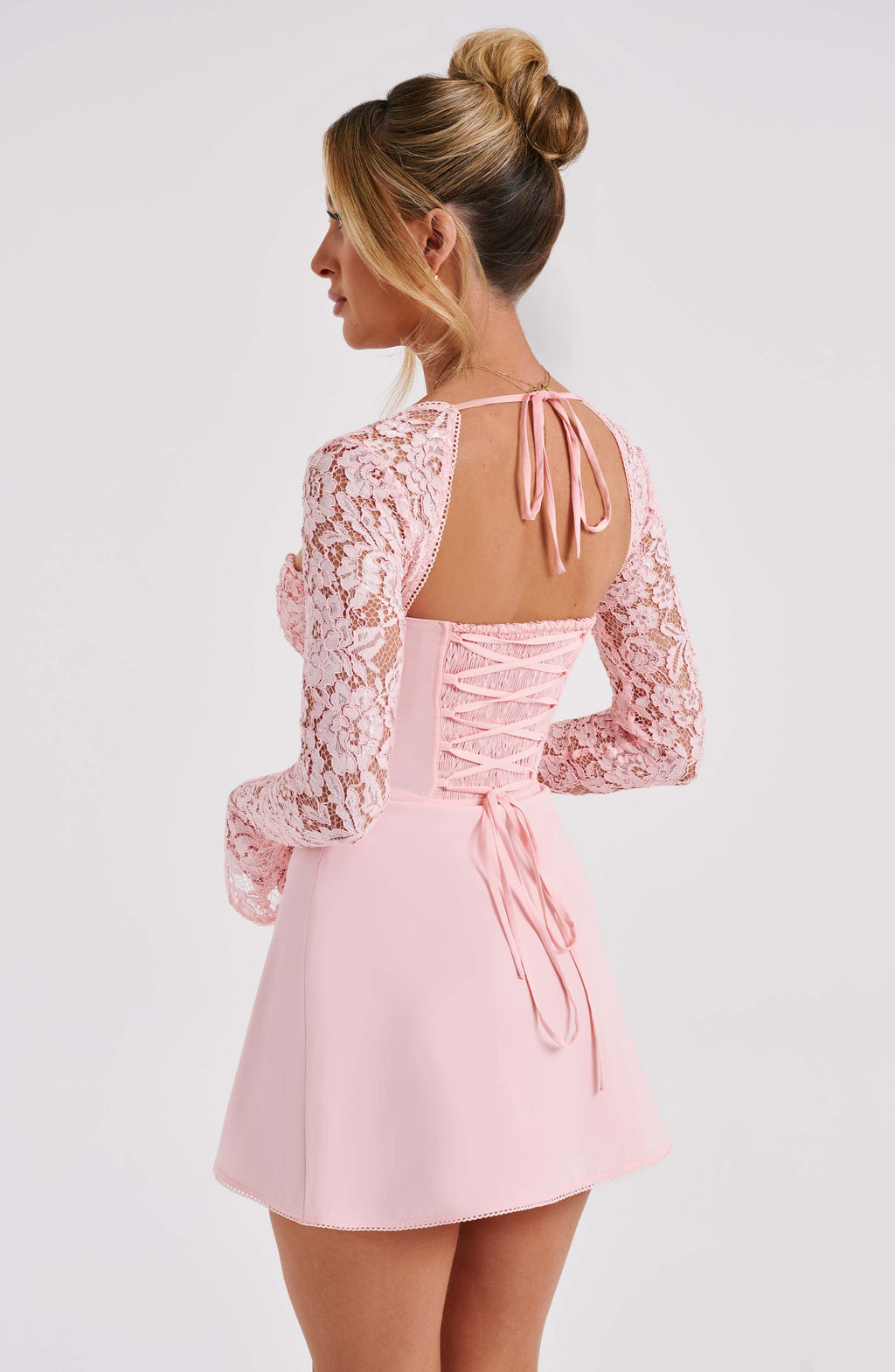 MADISON LONG LACE SLEEVES BACK STRAPS MINI DRESS - Light pink