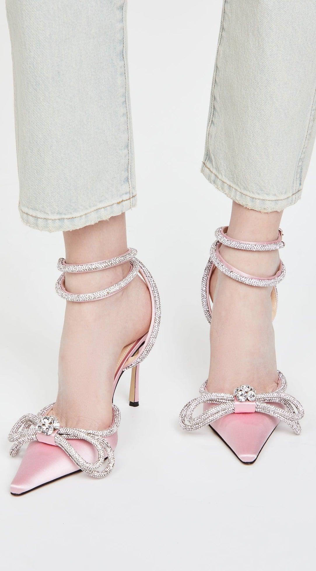 LUNA Midnight Double Crystal Bow Satin Pumps / High Heels - Light Pink