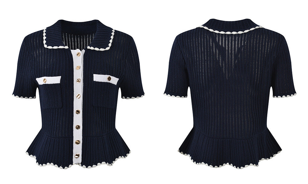 Hand-hooked ruffle lapel, single-breasted knitted skirt