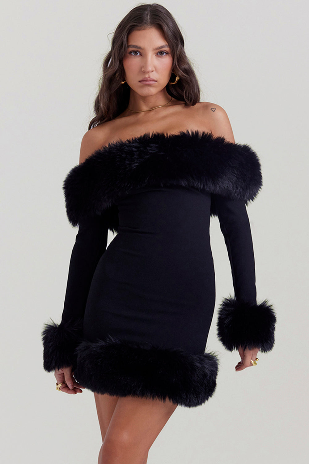KEILANI Black Long Sleeves Faux Fur Mini Dress - Black