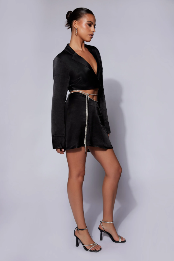 TALULAH RHINESTONE DIAMANTE EMBELLISHED SATIN MINI FLUTE SKIRT - Jet black