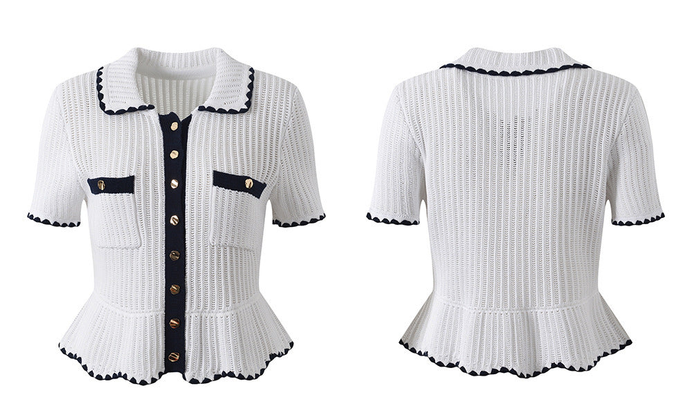 Hand-hooked ruffle lapel, single-breasted knitted skirt