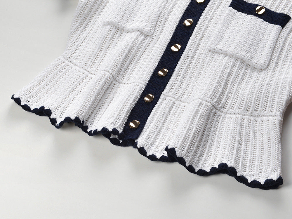 Hand-hooked ruffle lapel, single-breasted knitted skirt