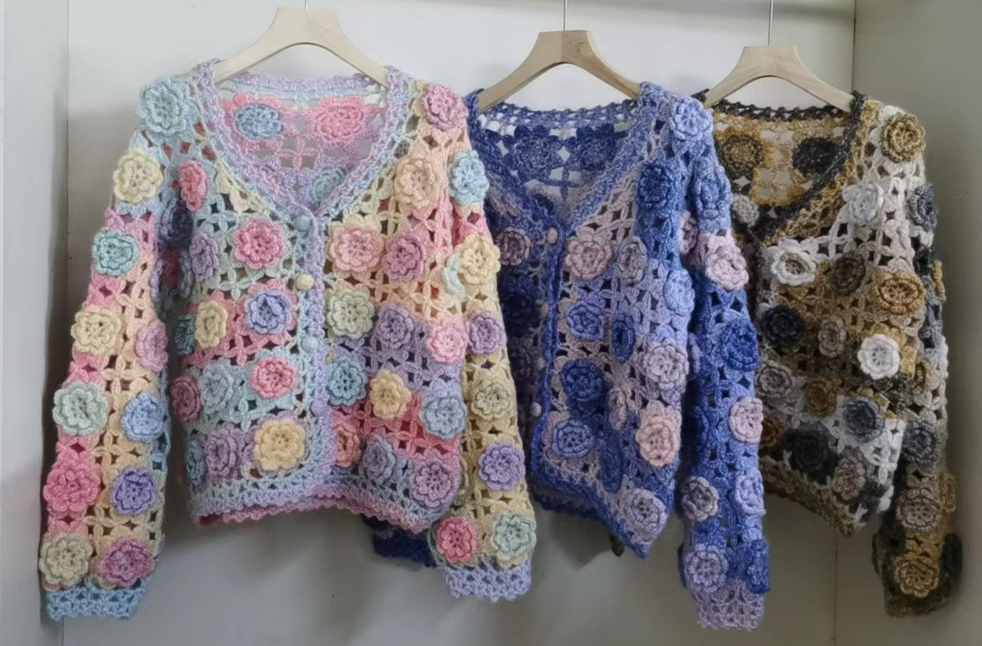 Handmade rainbow rose hollow crochet coat