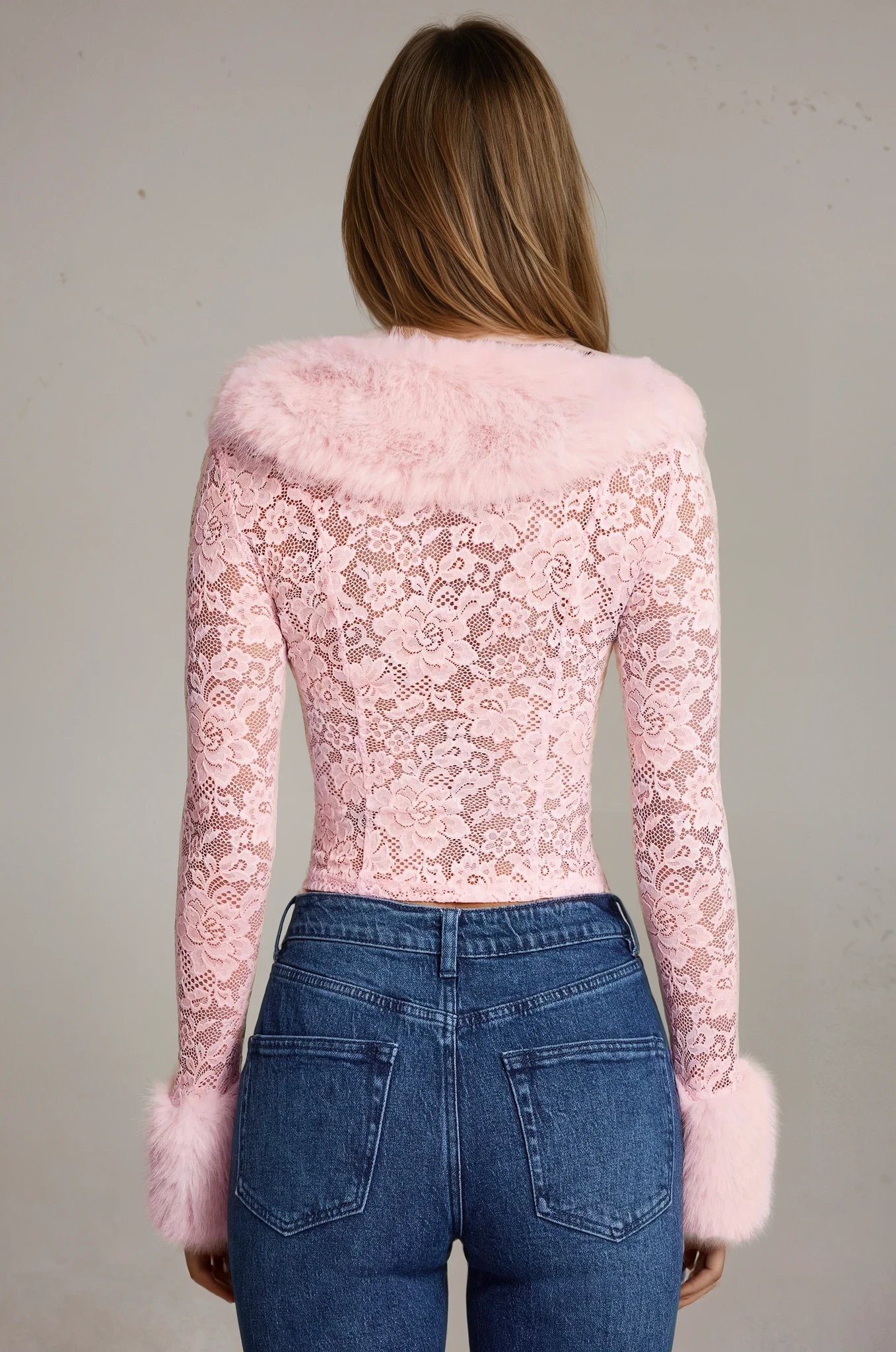 CELIA Faux Fur-Trim Lace Cardigan and skirt set in Pink