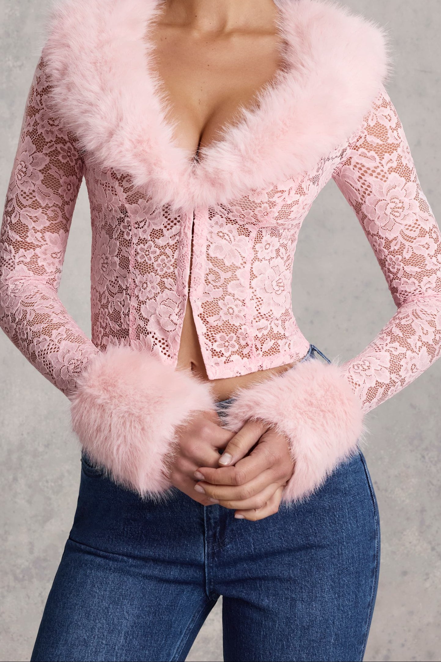 CELIA Faux Fur-Trim Lace Cardigan and skirt set in Pink