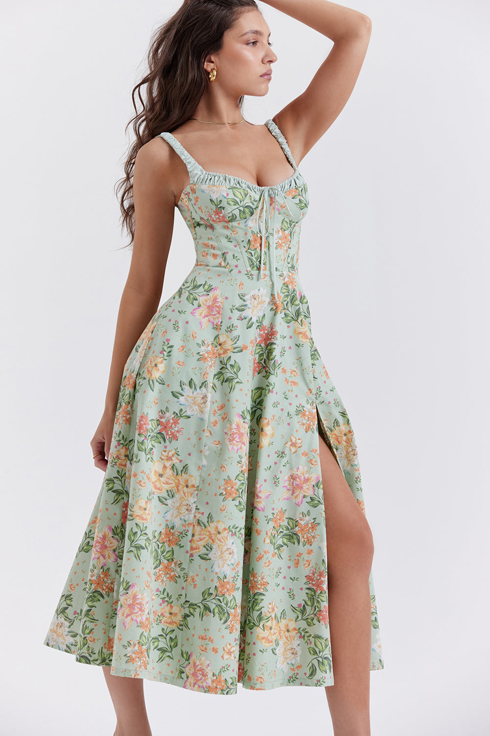 SABRINA LIGHT JADE PRINT BUSTIER SUNDRESS MIDI DRESS - Green