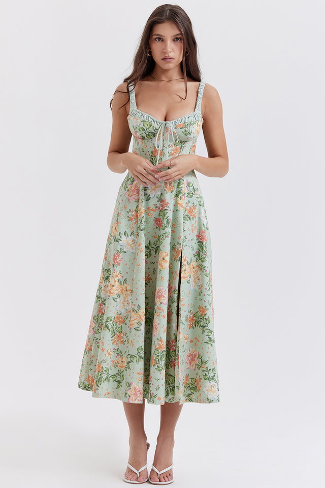 SABRINA LIGHT JADE PRINT BUSTIER SUNDRESS MIDI DRESS - Green