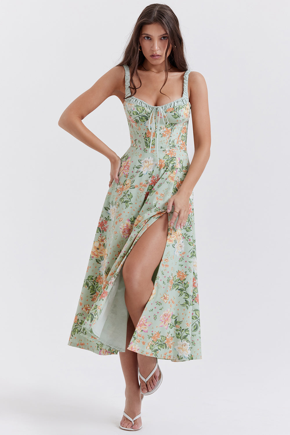 SABRINA LIGHT JADE PRINT BUSTIER SUNDRESS MIDI DRESS - Green
