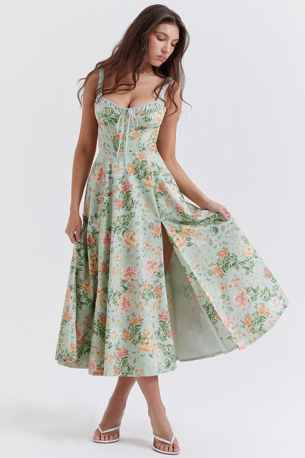 SABRINA LIGHT JADE PRINT BUSTIER SUNDRESS MIDI DRESS - Green