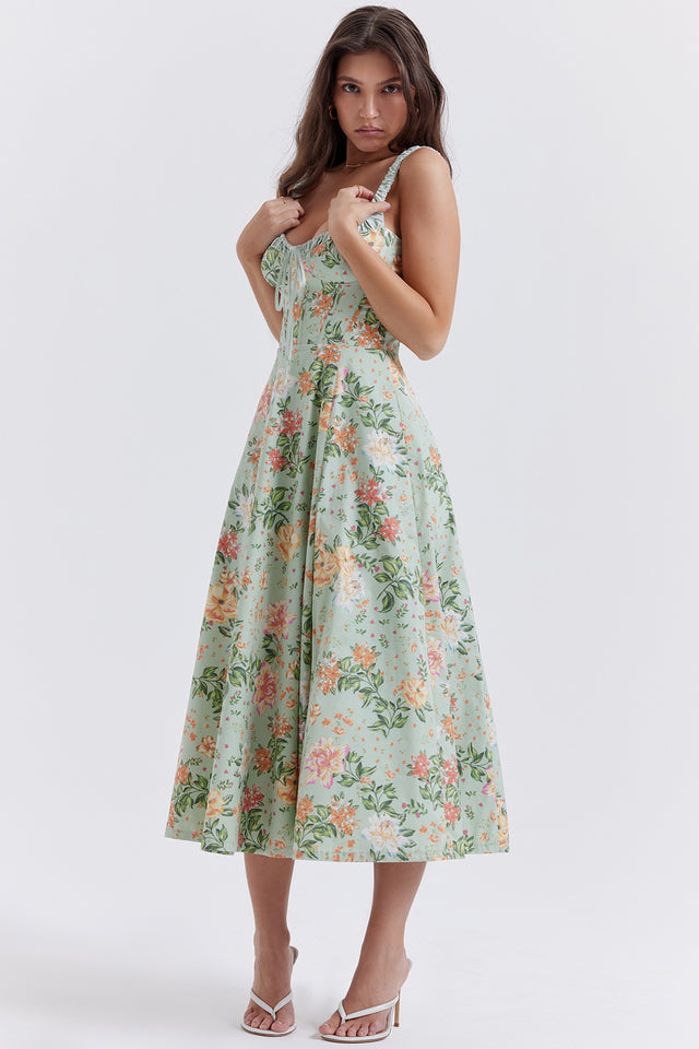SABRINA LIGHT JADE PRINT BUSTIER SUNDRESS MIDI DRESS - Green