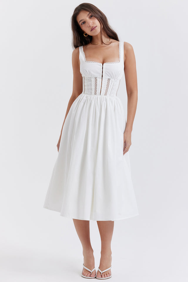 PERLE WHITE LACE TRIM MIDI DRESS - White