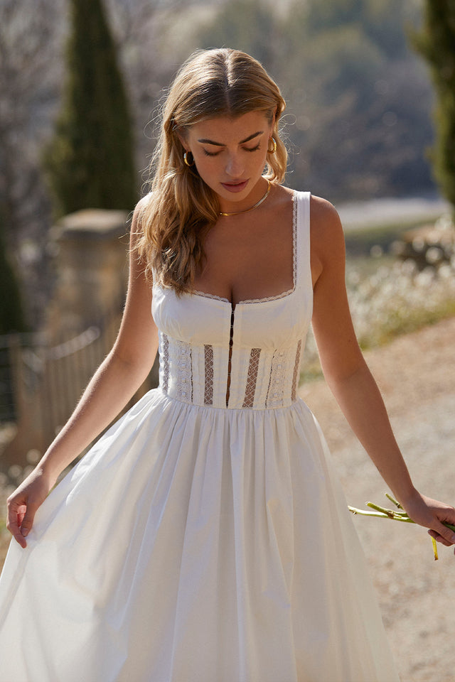 PERLE WHITE LACE TRIM MIDI DRESS - White