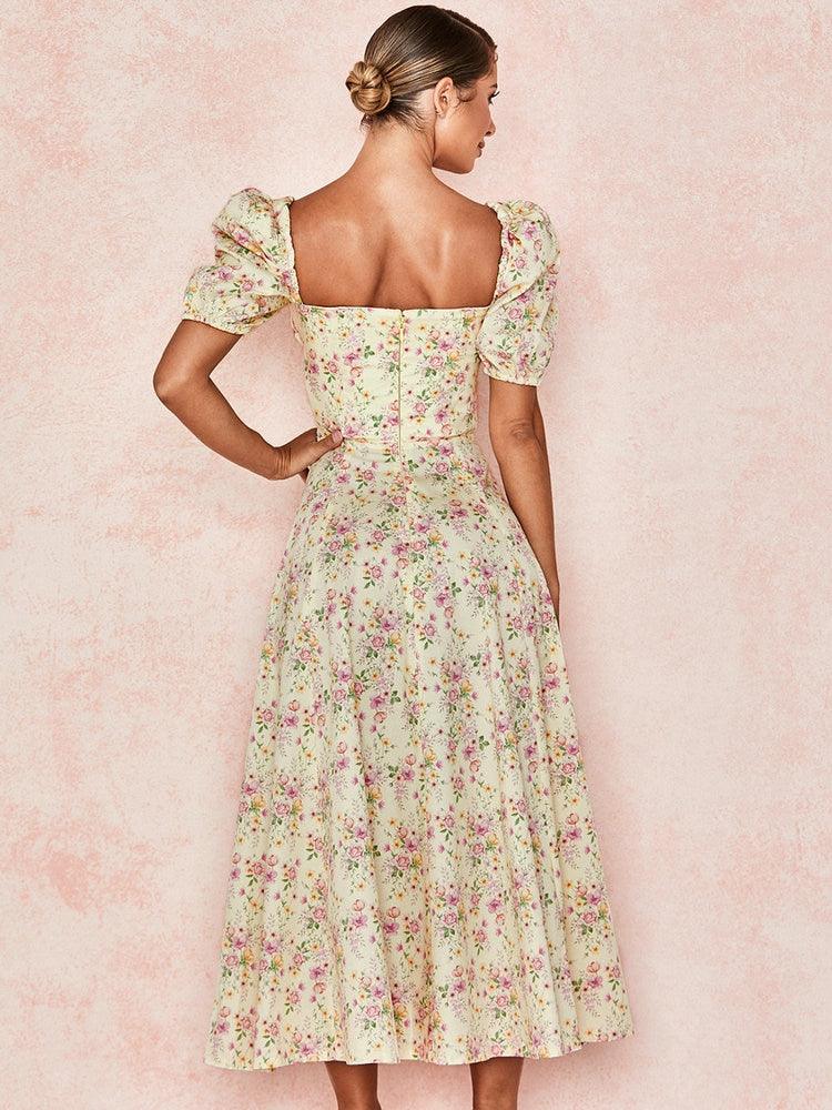 TALLULAH LEMON FLORAL PUFF SLEEVE MAXI/MIDI SUNDRESS - Yellow